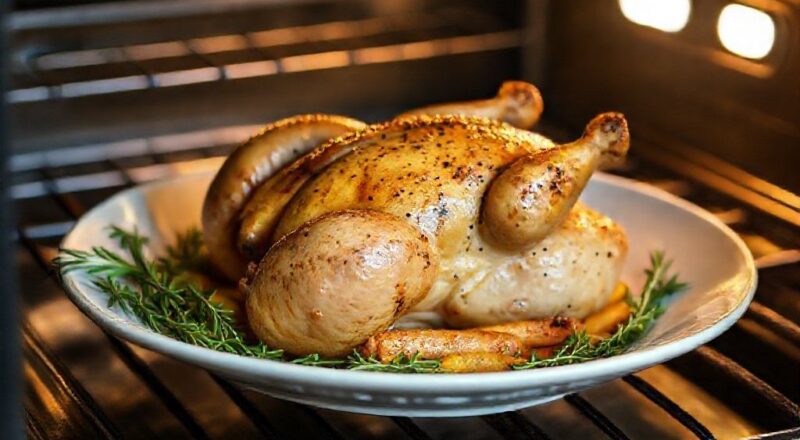 Galeto inteiro dourado e suculento, servido em travessa com batatas e ervas frescas