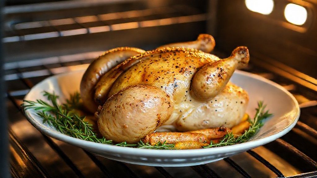 Galeto assado no forno dourado e crocante servido com batatas assadas e ervas frescas