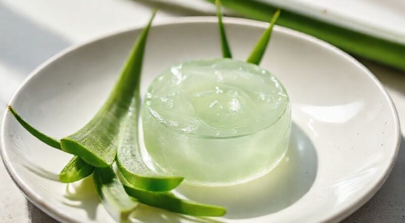 Gel de babosa translúcido, cortado em cubos e disposto em tigela de vidro, com aparência fresca e natural