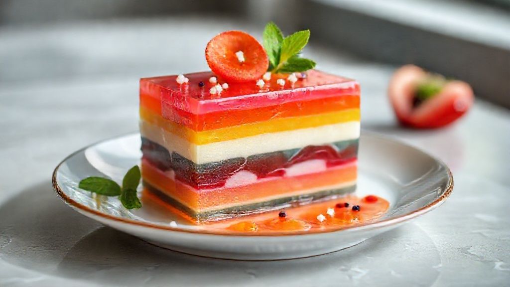 Sobremesa de gelatina colorida em camadas com creme branco, firme e vibrante, servida gelada em travessa transparente
