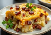 Gratinado de batatas com carne seca dourado, com camadas cremosas e queijo derretido por cima, servido em travessa de cerâmica.