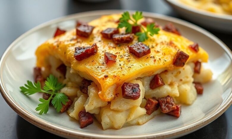Gratinado de batatas com carne seca dourado, com camadas cremosas e queijo derretido por cima, servido em travessa de cerâmica.