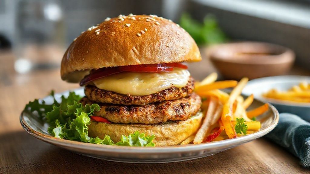 Hambúrguer de frango caseiro suculento servido no pão com queijo e alface, destaque apetitoso