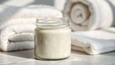 Frasco pequeno com o hidratante caseiro para pés rachados, cor branca leitosa e aparência suave, sobre uma toalha e flores secas