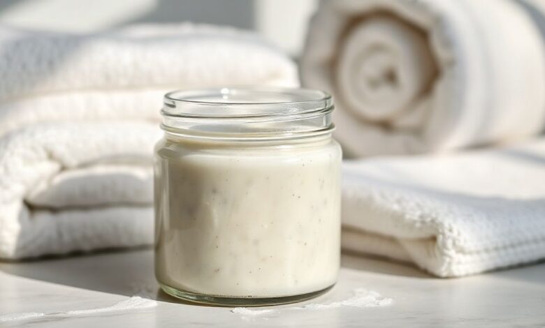 Frasco pequeno com o hidratante caseiro para pés rachados, cor branca leitosa e aparência suave, sobre uma toalha e flores secas