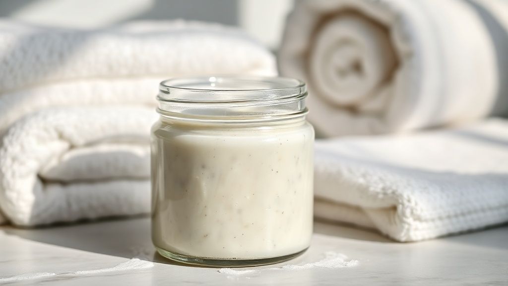 Frasco pequeno com o hidratante caseiro para pés rachados, cor branca leitosa e aparência suave, sobre uma toalha e flores secas