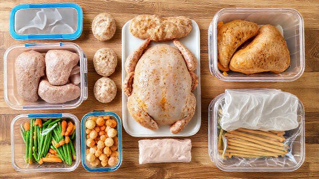 Vista de cima com pedaços de frango assado, potes herméticos e etiquetas organizados em bancada