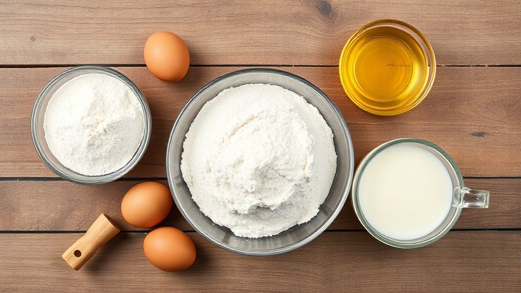 Ingredientes organizados sobre bancada: mistura para bolo, farinha de trigo, ovos, leite e óleo.