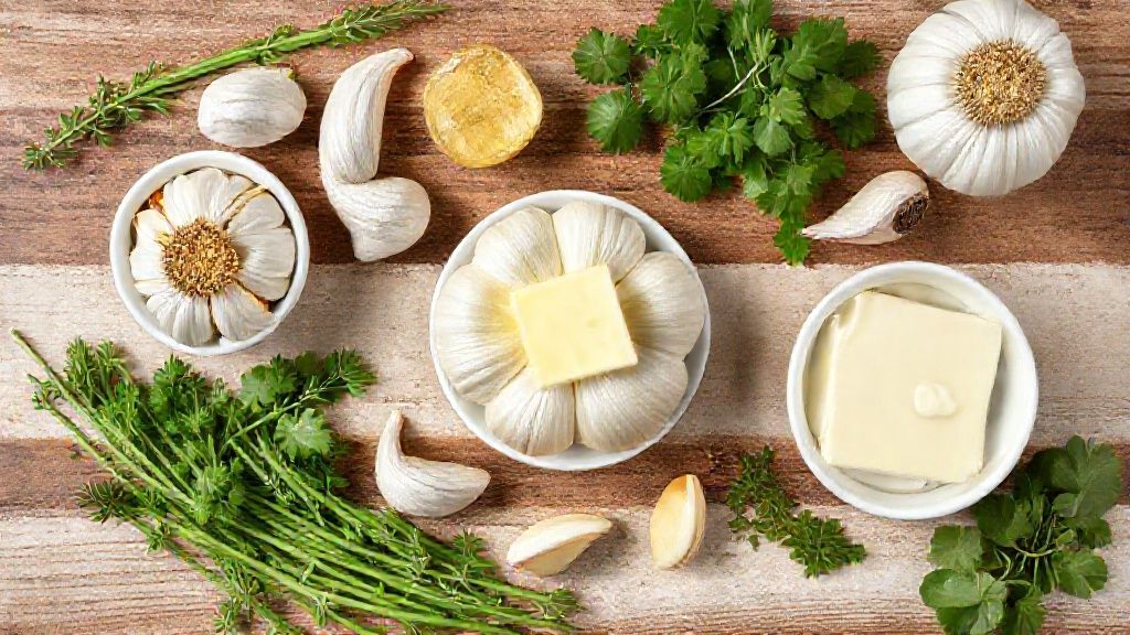 Vista de cima mostrando cabeças de alho, manteiga, azeite e temperos organizados em bancada de madeira.