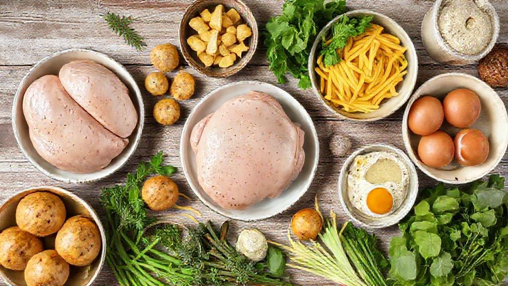 Ingredientes variados — frango, batatas, alho, massa, tomates e ovos — dispostos sobre bancada de madeira