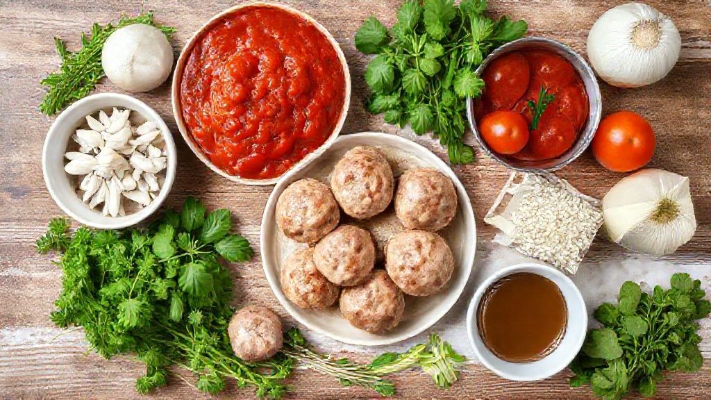 Visão de cima com os ingredientes organizados — carne moída, ovos, tomate, alho, cebola e temperos sobre tábua rústica.