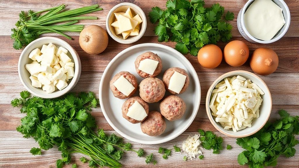 Visão de cima com carne moída, queijos em cubos, especiarias e outros ingredientes organizados em bancada rústica