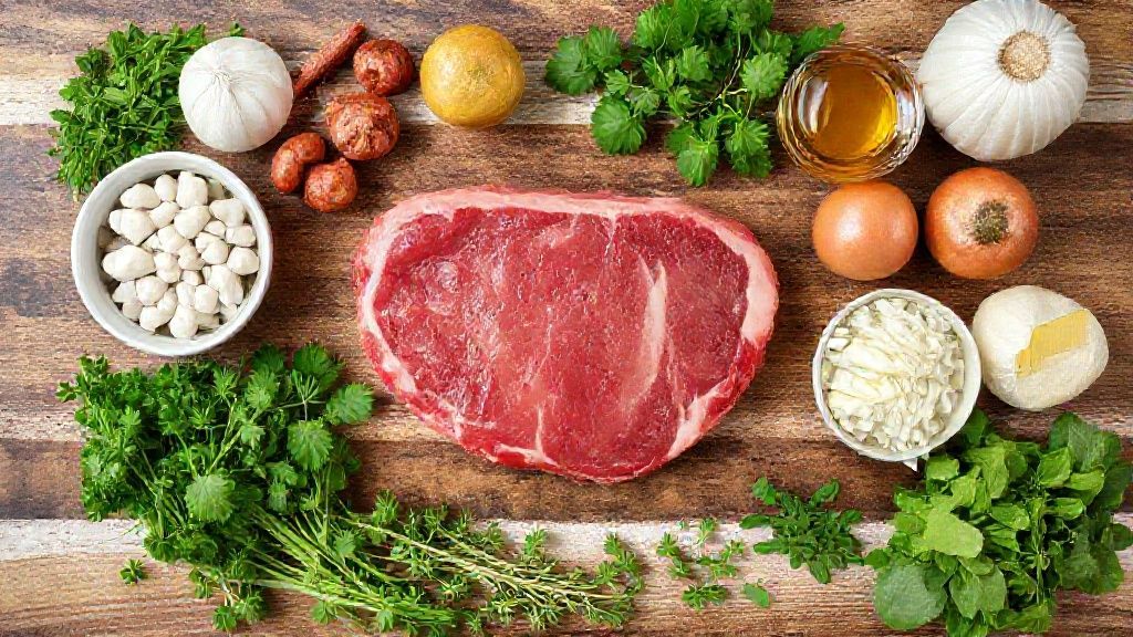 Visão superior dos ingredientes do ancho assado organizados em bancada de madeira.