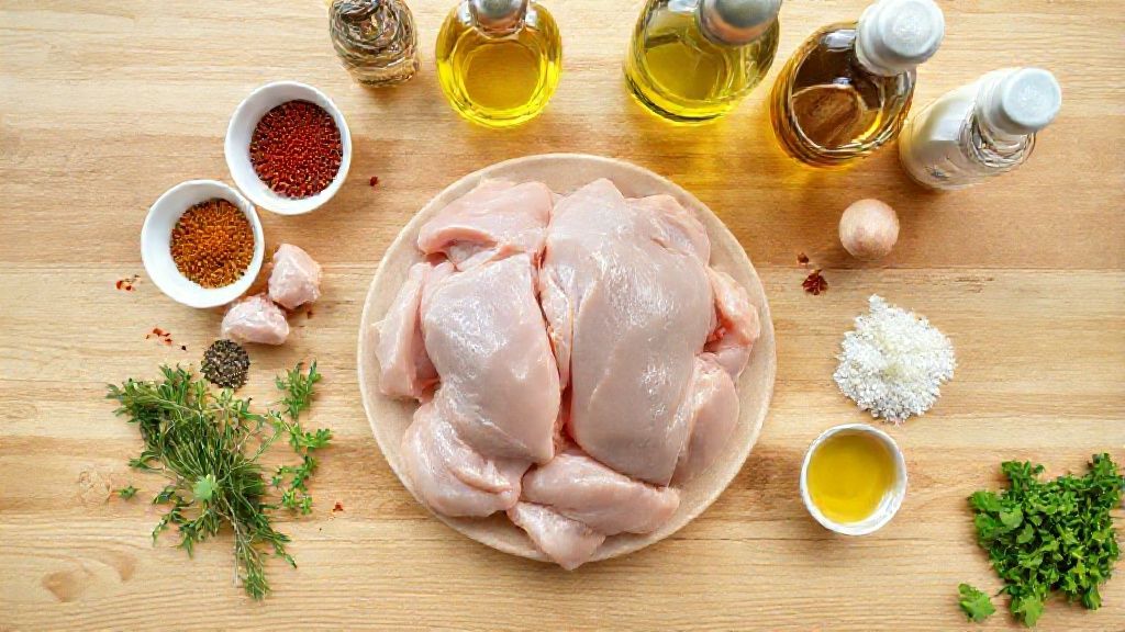 Visão de cima mostrando frango cru, temperos e recipientes plásticos sobre bancada de cozinha limpa