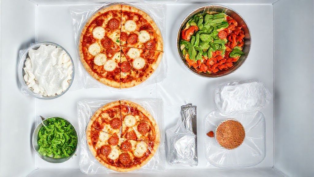 Visão de cima mostrando fatias de pizza, filme plástico, potes e papel alumínio dispostos em bancada de cozinha.