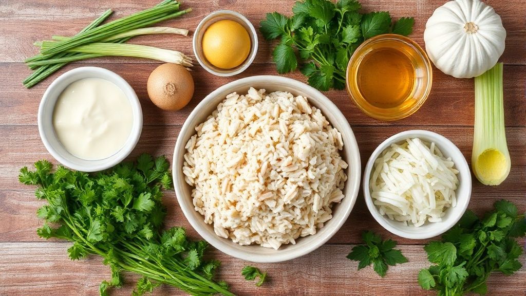Visão de cima com os ingredientes do arroz cremoso e frango organizados em uma bancada de madeira rústica