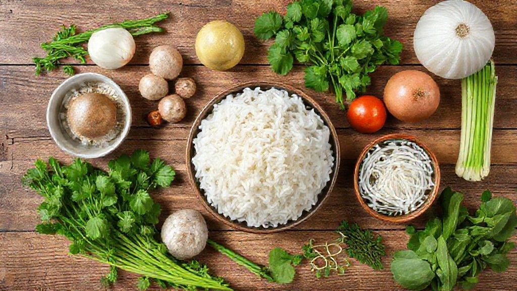 Visão de cima com os ingredientes frescos e coloridos dispostos em uma bancada