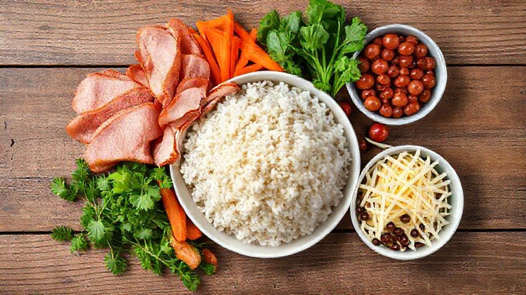 Visão de cima dos ingredientes do arroz X-tudo organizados — bacon, arroz, legumes, queijo e feijão.