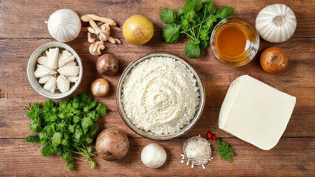 Visão de cima com os ingredientes da receita organizados em uma bancada rústica