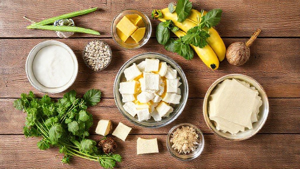 Ingredientes organizados sobre bancada, com bananas maduras, açúcar, limão e utensílios de cozinha