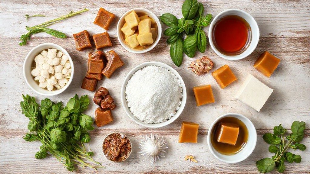 Visão de cima com café coado, açúcar, leite, manteiga e mel organizados em uma superfície de mármore