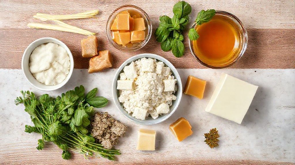 Visão de cima com os ingredientes da receita organizados em uma bancada de madeira