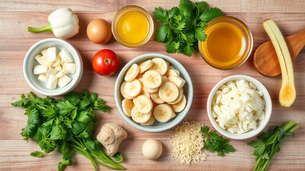 Visão de cima com bananas, farinhas, ovos e leite organizados sobre uma bancada de madeira