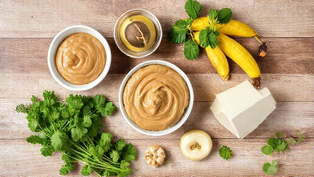 Visão de cima com banana, pasta de amendoim, canela, mel e chia organizados sobre bancada limpa.