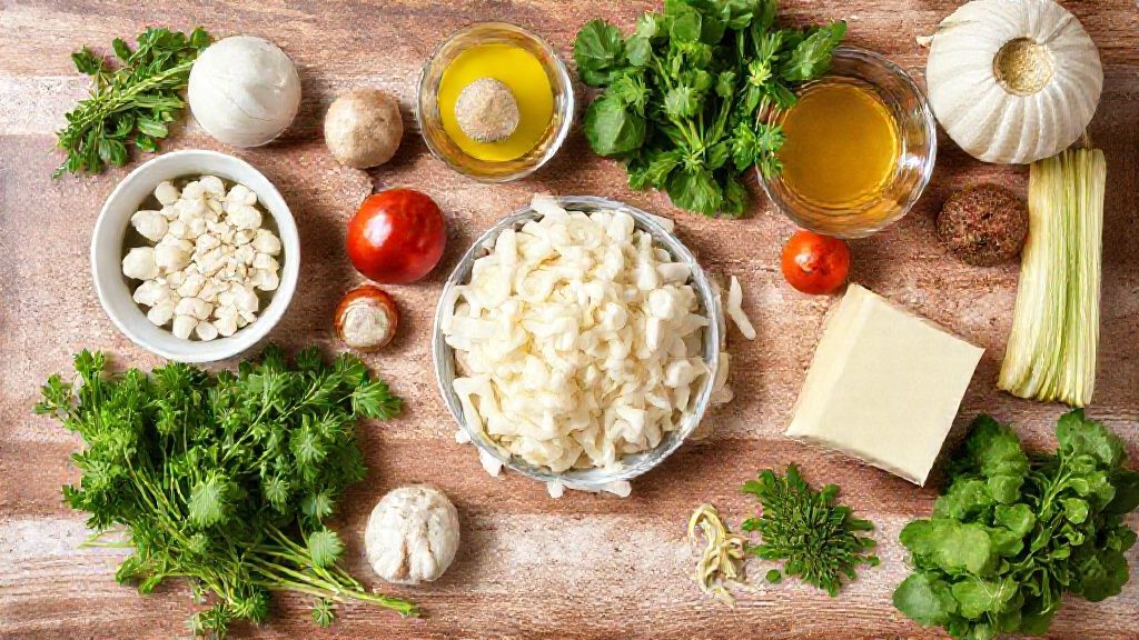 Visão de cima mostrando bananas, ovos, farinhas e maisena organizados sobre bancada de madeira