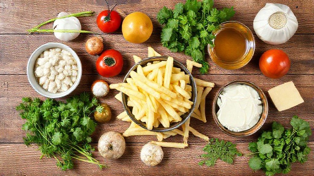 Visão de cima com batatas cruas, óleo e temperos sobre bancada de madeira, prontos para o preparo.