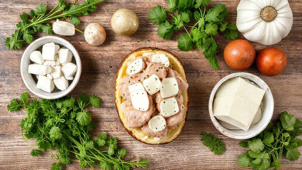 Visão de cima com as batatas, frango desfiado, queijos e temperos organizados em uma bancada