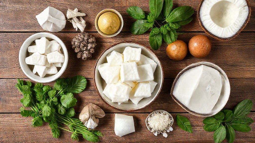 Visão de cima com leite condensado, coco ralado, manteiga e cravos organizados em uma bancada de madeira