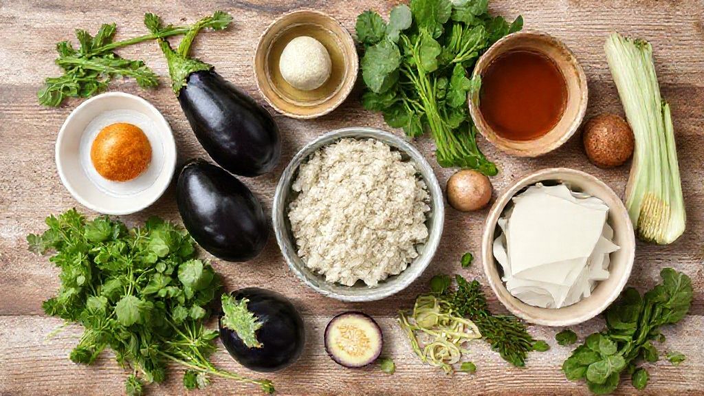 Visão de cima com berinjelas, missô, shoyu, açúcar, gergelim e farinhas arrumados sobre bancada de madeira