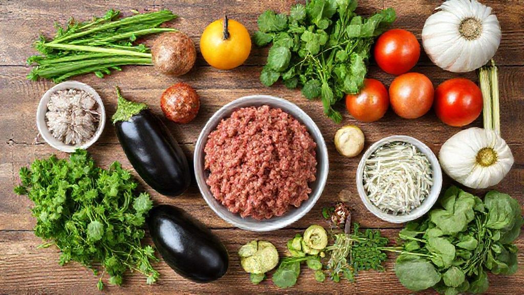 Visão de cima com os ingredientes da receita organizados em uma bancada