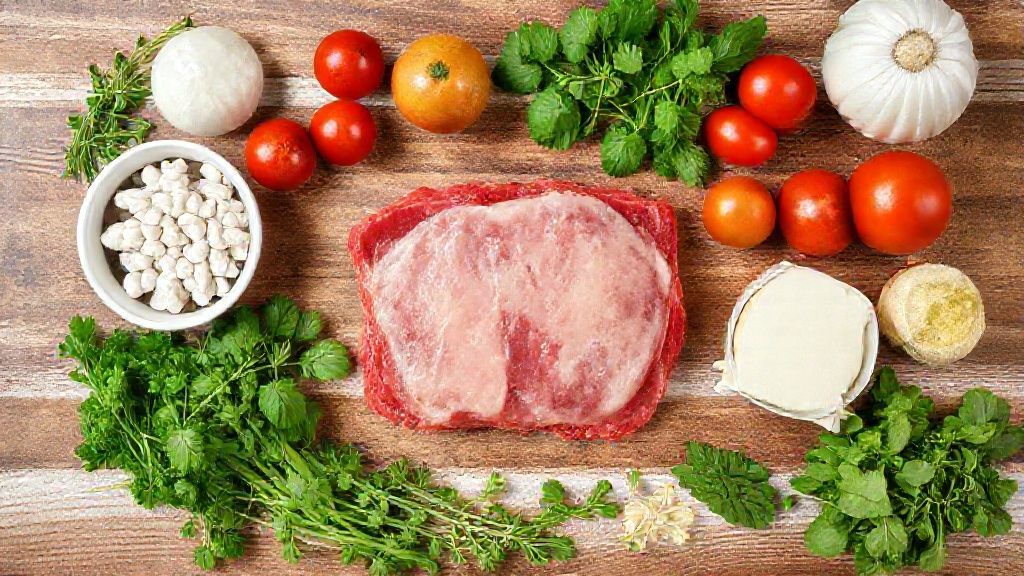 Ingredientes organizados em uma bancada, incluindo bifes, farinha, ovos, queijo e molho de tomate