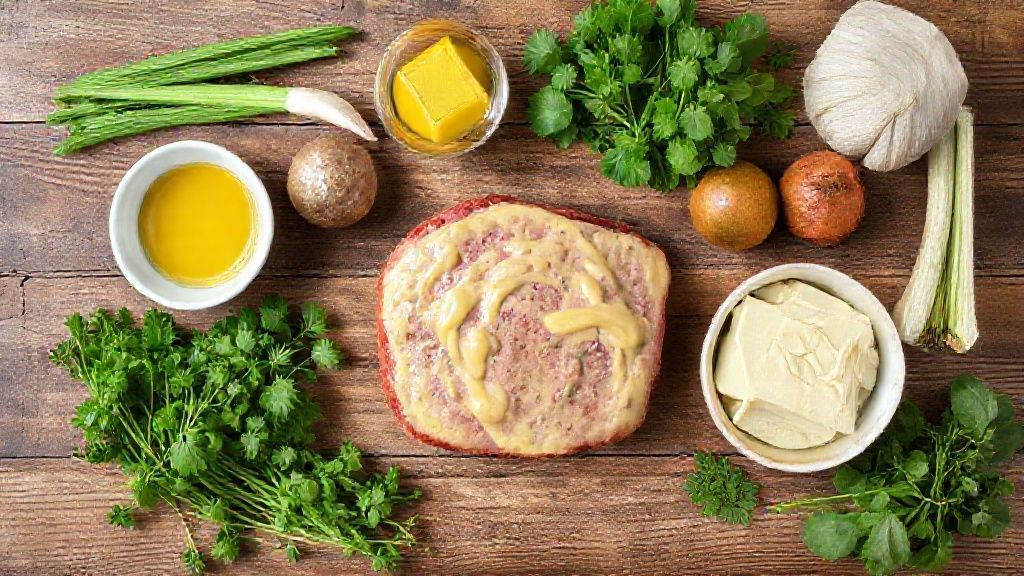 Visão de cima com os ingredientes do bife e do molho organizados sobre uma bancada de madeira