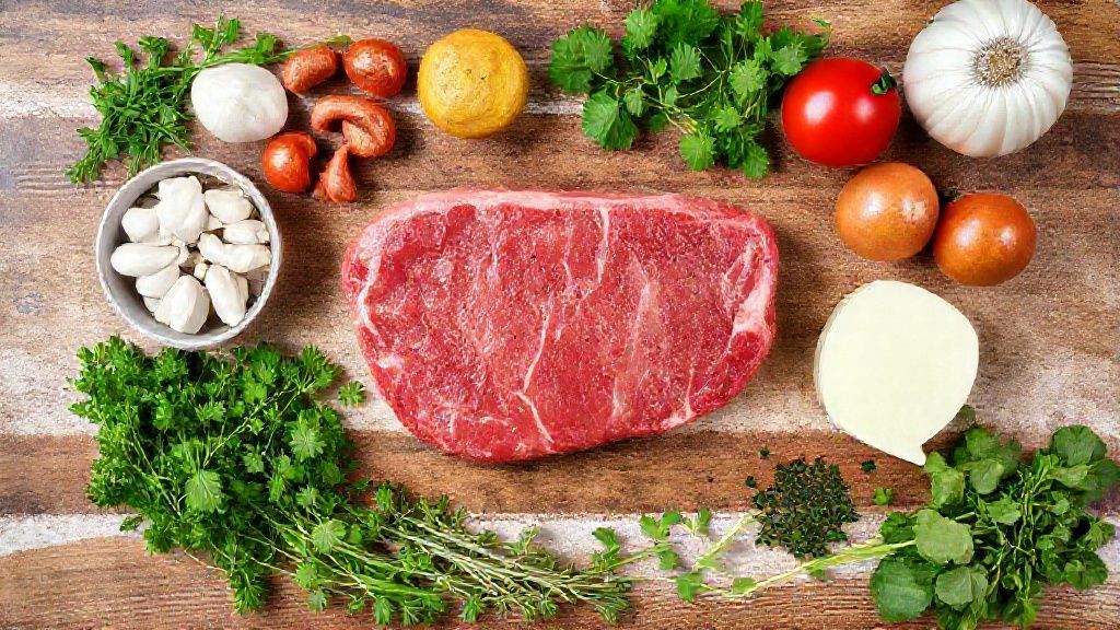 Ingredientes da receita — bife de chorizo, sal grosso, pimenta, azeite e ervas — dispostos sobre bancada rústica.