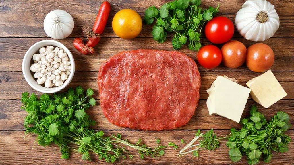 Visão de cima com bifes, azeite, alho, sal e ervas dispostos sobre bancada de madeira