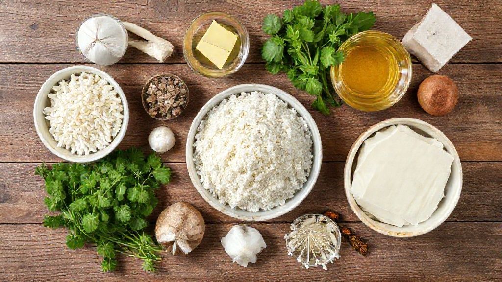 Visão de cima com o amido de milho, manteiga, ovos e açúcar dispostos sobre bancada de madeira