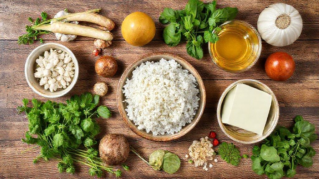 Ingredientes como polvilho, ovos, óleo e água dispostos de forma organizada em bancada de madeira