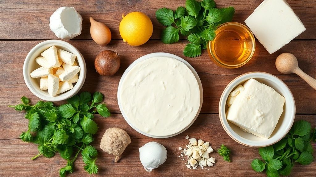 Visão de cima com os ingredientes da receita organizados sobre bancada de madeira