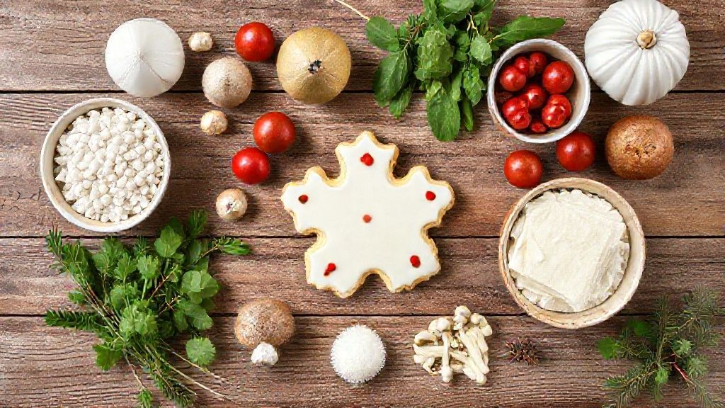 Ingredientes separados em tigelas sobre uma bancada de madeira para preparar os biscoitos.