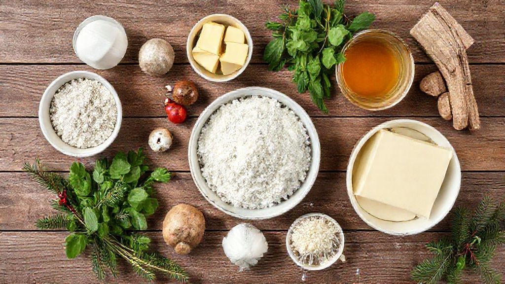 Visão de cima com manteiga, farinha, açúcar, ovos e baunilha organizados em tacinhas sobre uma superfície de madeira rústica