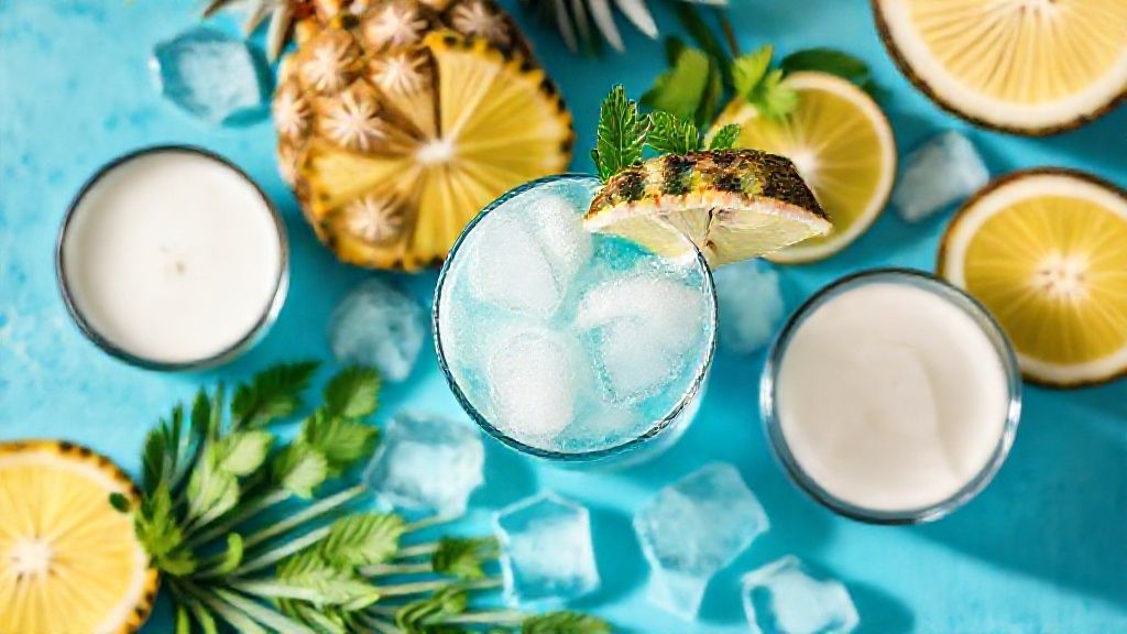 Ingredientes do coquetel organizados em uma bancada: suco de abacaxi, leite de coco, xarope azul e gelo.