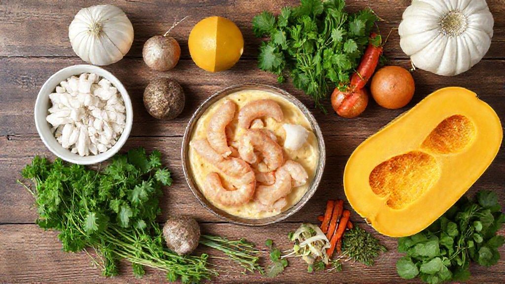 Visão de cima dos ingredientes organizados em uma bancada: abóbora, camarão, leite de coco, temperos e ervas