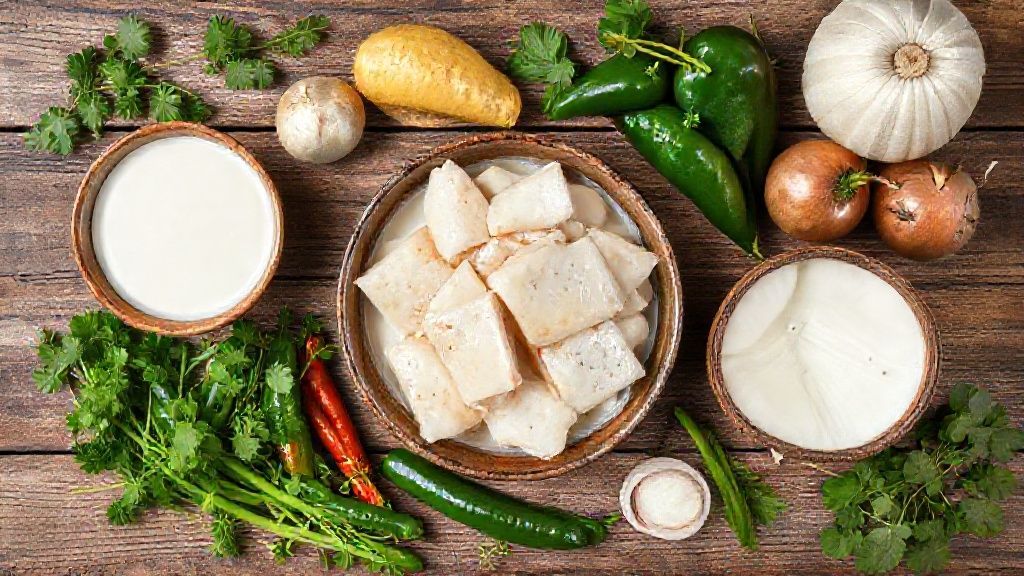 Visão de cima com bacalhau desfiado, mandioca, pimentões e leite de coco organizados sobre bancada rústica