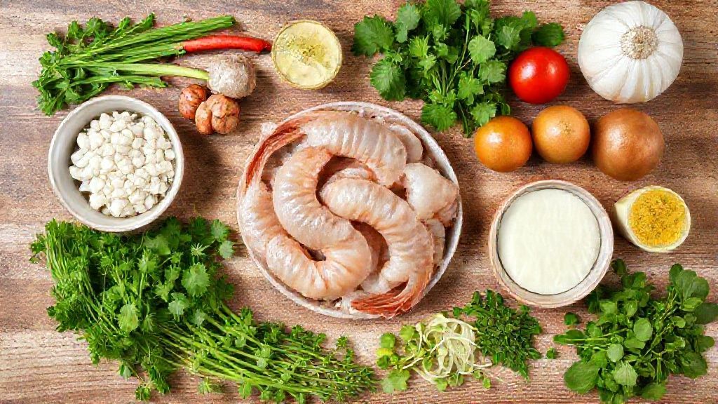 Ingredientes frescos e coloridos do bobó de camarão organizados sobre bancada de madeira.