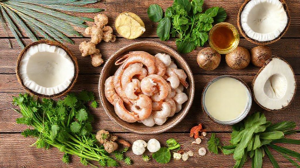 Ingredientes do bobó de camarão dispostos em bancada rústica, incluindo camarões, mandioca, leite de coco e azeite de dendê
