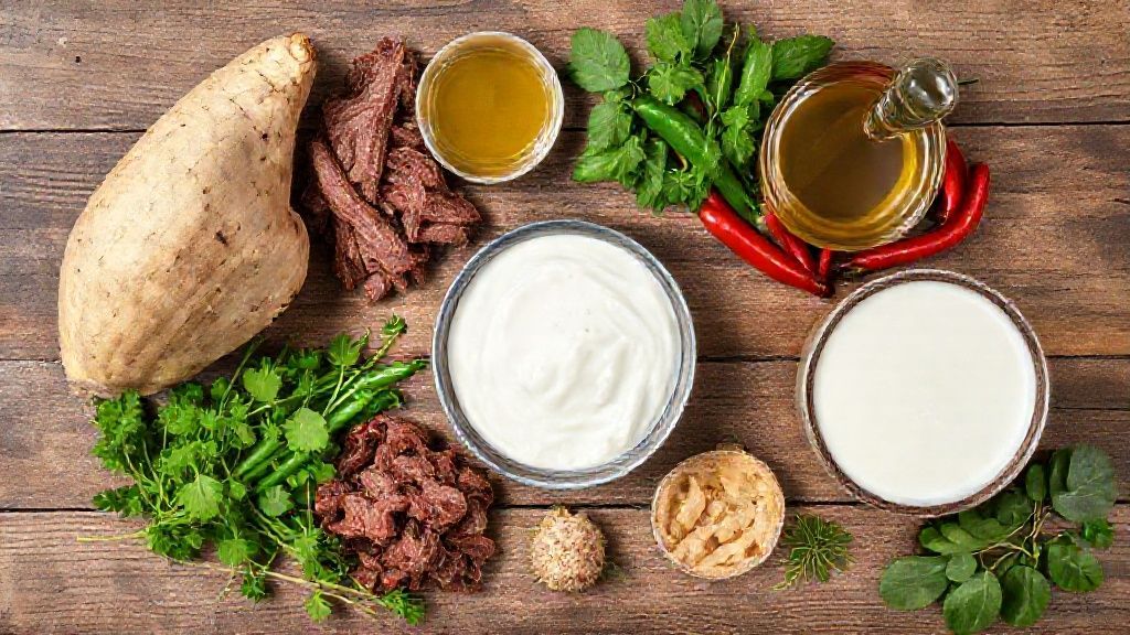 Visão de cima mostrando mandioca, carne seca, leite de coco, azeite de dendê e pimentões coloridos sobre a bancada.