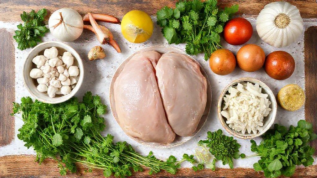 Ingredientes coloridos do bobó de frango com aipim dispostos organizadamente em uma bancada de madeira